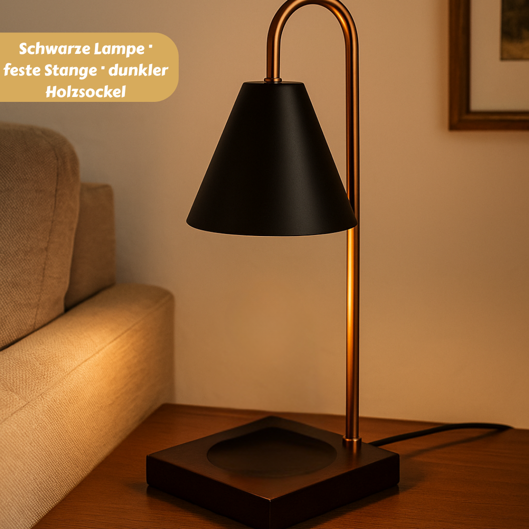 Schwarze Lampe · feste Stange · dunkler Holzsockel